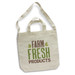 A cream cotton shoulder tote bag with green and brown printed text, featuring a logo on the front. A cream cotton shoulder tote bag with green and brown printed text, featuring a logo on the front.