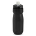 A drink bottle in matte black with a secure lid and a spout, featuring a logo on the design. A drink bottle in matte black with a secure lid and a spout, featuring a logo on the design.