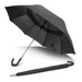A black umbrella with a curved handle, displayed open, alongside its matching black travel cover.