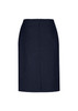 A knee-length women's skirt in navy blue with a central back zipper and a fitted silhouette.