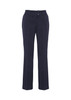 A pair of navy slacks featuring a straight-leg design and two front buttons. The garment has a logo.