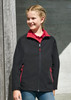 A black kids' jacket featuring red zip accents and side pockets, worn by a smiling child. A black kids' jacket featuring red zip accents and side pockets, worn by a smiling child.