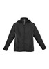 A black Kids Razor Jacket with a hood, featuring grey accents and a zip front. It has a logo on it. A black Kids Razor Jacket with a hood, featuring grey accents and a zip front. It has a logo on it.