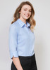 A light blue women's button-up shirt with 3/4 sleeves, featuring a collar and a fitted design.