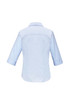 A light blue women's button-up shirt with 3/4 sleeves and a collar. The back view features a sleek design and a logo.