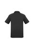 A black men's short sleeve polo shirt featuring a logo, with a textured design on the fabric.
