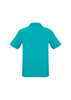 A short sleeve polo shirt in aqua blue, featuring a collar and back detailing, with a logo present.