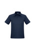 A navy blue men's short sleeve polo shirt featuring a collar and button placket, with a logo present.