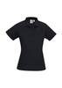 A black women's short sleeve polo shirt with a collar and a logo on the chest.