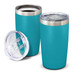 A drink bottle in turquoise with a stainless steel rim and a clear lid, accompanied by a removable lid component. A drink bottle in turquoise with a stainless steel rim and a clear lid, accompanied by a removable lid component.