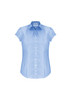 A light blue women's short sleeve button-up shirt with a fitted design and a collar. It features a logo on the label.