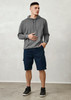A model wearing grey hoodie and navy shorts with pockets, set against a neutral background. A model wearing grey hoodie and navy shorts with pockets, set against a neutral background.