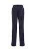 Navy blue women's slacks with a straight-leg cut and a back pocket, featuring a logo.
