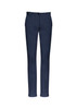 Navy blue women's chino pants with a tapered fit and a front button closure, featuring a logo on the back. Navy blue women's chino pants with a tapered fit and a front button closure, featuring a logo on the back.