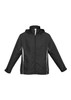 A black unisex jacket with a hood, featuring white accent details and a front zip. It has a logo.