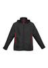 A black unisex jacket with a hood, featuring red accents along the sides and a zipper front. It has a logo. A black unisex jacket with a hood, featuring red accents along the sides and a zipper front. It has a logo.