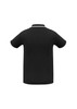 A black short sleeve polo shirt featuring a contrasting collar and sleeve trim, with a logo present.