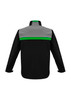 A black unisex soft shell jacket with a grey top and green stripe across the shoulders. Features a logo. A black unisex soft shell jacket with a grey top and green stripe across the shoulders. Features a logo.