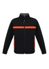 A black soft shell jacket with orange stripes, featuring a full zipper and side pockets. Brand logo present. A black soft shell jacket with orange stripes, featuring a full zipper and side pockets. Brand logo present.
