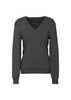 A dark grey women's V-neck knit pullover with long sleeves and a fitted silhouette. Features branding.