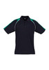 A black short sleeve polo shirt with green accents and a logo on the front.