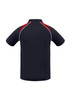 A navy men's polo shirt with red accents and a logo, featuring short sleeves and a classic collar.