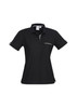 A women's short sleeve polo shirt in black, featuring a pocket and contrasting trim. It has a logo on the chest.