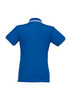 A blue short sleeve polo shirt featuring contrasting trim and a logo on the back.