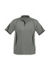 A short sleeve polo shirt in grey with contrasting black side panels and a logo on the chest.