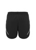 Black sports shorts featuring a logo and reflective detailing on the sides. Black sports shorts featuring a logo and reflective detailing on the sides.