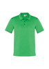 A green short sleeve polo shirt with a collar and a logo on the chest.
