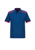 A short sleeve polo shirt in navy blue with pink accents and a logo.
