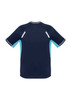 A navy blue short sleeve tee with light blue accents and reflective details, featuring a logo on the back.