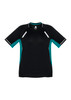 A black short sleeve tee with teal accents and a logo on the front. Ideal for active wear.