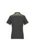A dark grey women's polo shirt featuring a green geometric design on the back and a logo on the chest.