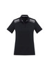 A black women's short sleeve polo shirt featuring a patterned yoke and white accents. It has a logo on the front.
