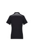 A women's black polo shirt featuring a grid design on the back and contrasting white trim on the sleeves.