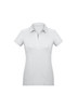 A women's short sleeve polo shirt in light grey, featuring a collar and a logo.