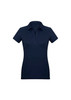 A navy blue women's short sleeve polo shirt with a collar and a logo on the chest.