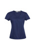A navy women's chic top with short sleeves and a scoop neckline, featuring a logo on the label. A navy women's chic top with short sleeves and a scoop neckline, featuring a logo on the label.