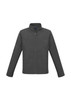 A grey jacket with a high collar and zip front, featuring side pockets and a logo.