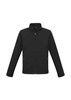 A black zip-up jacket with a high collar and two side pockets, featuring a branding logo.