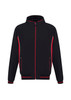 A black soft shell jacket with red accents, featuring a front zipper and side pockets. It has a logo on it. A black soft shell jacket with red accents, featuring a front zipper and side pockets. It has a logo on it.
