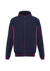 A navy blue soft shell jacket with red accents and a zip-up front, featuring side pockets and a logo. A navy blue soft shell jacket with red accents and a zip-up front, featuring side pockets and a logo.