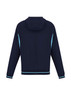 A navy soft shell jacket with a hood and light blue accents, featuring a logo on the back.