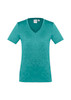 A teal short sleeve tee with a V-neck design and a logo, made from a soft fabric.