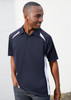 A navy blue short sleeve polo shirt featuring white splice details and a logo.