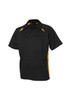 A black polo shirt with yellow side panels and a collar, featuring a logo on the chest area.