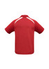 A red short sleeve polo shirt featuring white accents and a logo. Suitable for kids.