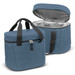 A blue cooler bag with a zippered pocket, featuring a grey insulated interior and two carrying handles. A blue cooler bag with a zippered pocket, featuring a grey insulated interior and two carrying handles.